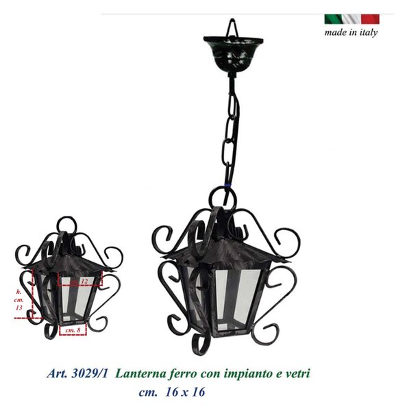 Lanterna da soffitto con catena In ferro Battuto MOD SMALL 16x16xh30 cm - peso 1,4 kg ,Lampada mod E27 interno esterno con vetri e impianto colore nero