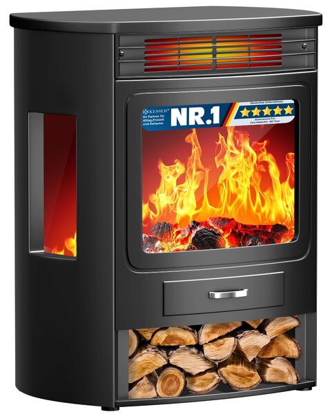 KESSER® Prio: caminetto elettrico con riscaldamento, ventilatore, telecomando, app WiFi, 950/1900 W, effetto fiamma LED, caminetto elettrico con termostato, finestra panoramica, funzione di riscaldamento, timer