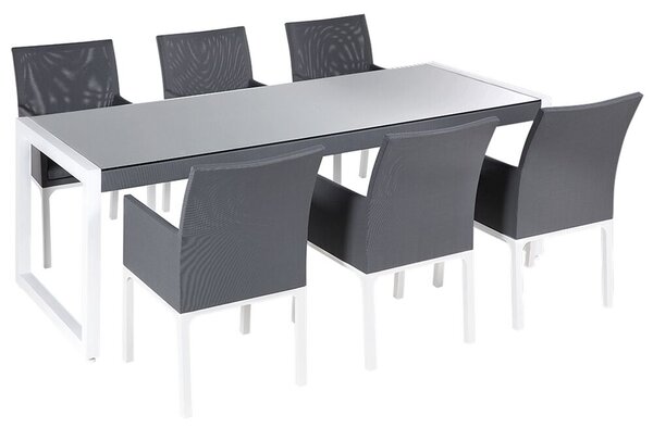 Set da pranzo da giardino Piano in vetro grigio 202 x 90 cm Struttura in alluminio a 6 posti con imbottiture per cuscino del sedile Beliani