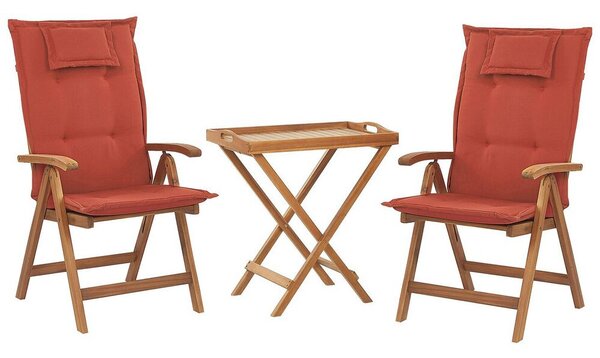 Set da bistrot da giardino Tavolo in legno di acacia 2 sedie con cuscini rossi pieghevole resistente ai raggi UV Beliani