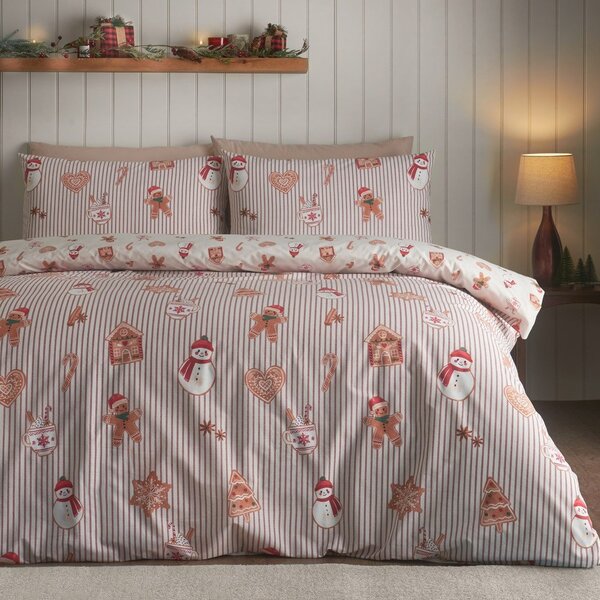 Set copripiumino e federa di colore naturale per letto singolo 135x200 cm Christmas Gingerbread Stripe – Catherine Lansfield