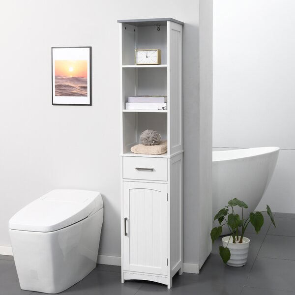 Kleankin Armadietto Bagno con Scaffale a 3 Livelli, 1 Cassetto e 1 Mobiletto, in MDF Verniciato, 34x30x163cm, Bianco e Grigio|Aosom