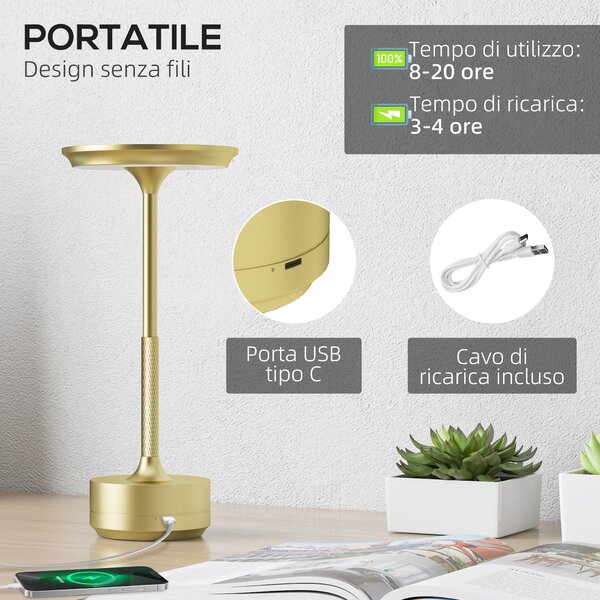 HOMCOM Lampada Senza Filo Touch Luce LED 3 Tonalità e Batteria Ricaricabile, Ø13x28.5cm, Oro|Aosom