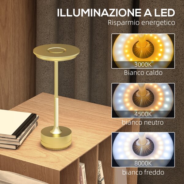 HOMCOM Lampada Senza Filo Touch Luce LED 3 Tonalità e Batteria Ricaricabile, Ø13x28.5cm, Oro|Aosom