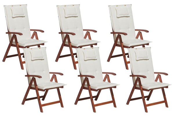 Set di 6 sedie da giardino in legno di acacia cuscino bianco sporco regolabile pieghevole per esterni in stile rustico Beliani