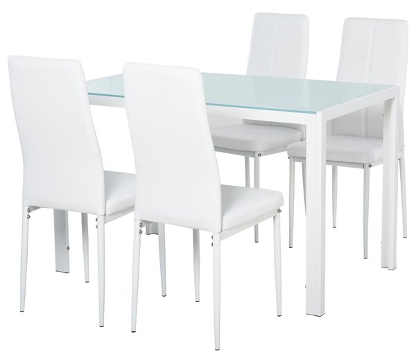 Set Da Pranzo Tavolo Con Piano In Vetro E 4 Sedie In Metallo E Similpelle Bianco