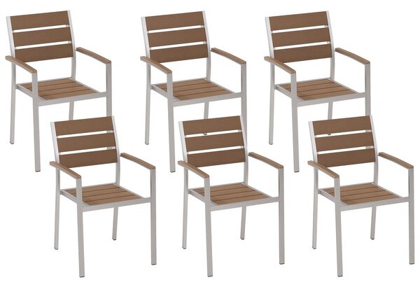 Set di 6 sedie da giardino da pranzo in plastica marrone con schienale a doghe in alluminio anodizzato set di sedie da esterno Beliani
