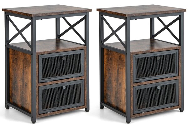 Costway Set 2 Comodini moderni con 2 cassetti ripiano aperto, Tavolini industriali da divano a 3 livelli in metallo Marrone