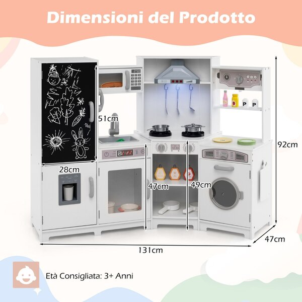 Costway Cucina giocattolo angolare in legno con luci e cappa e accessori ricchi, Set da cucina per bambini di 3+ anni Bianco