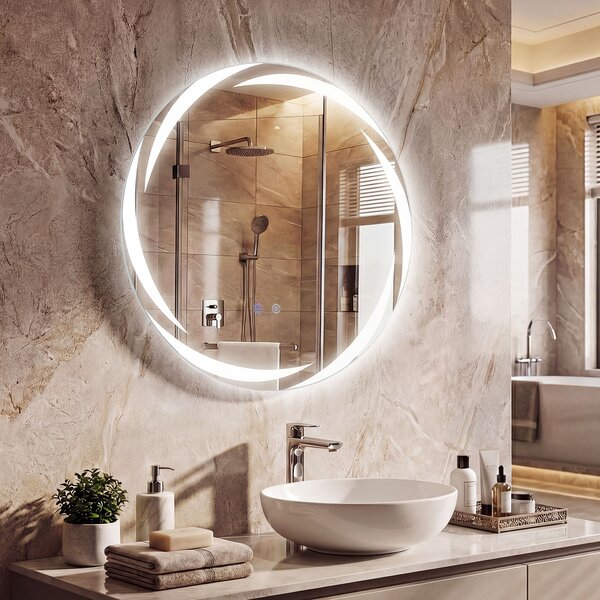 Costway Specchio bagno LED rotondo vetro temperato antideflagrante 3 colori anti-appannamento, Specchio toeletta retroilluminato dimmerabile lavabo bagno