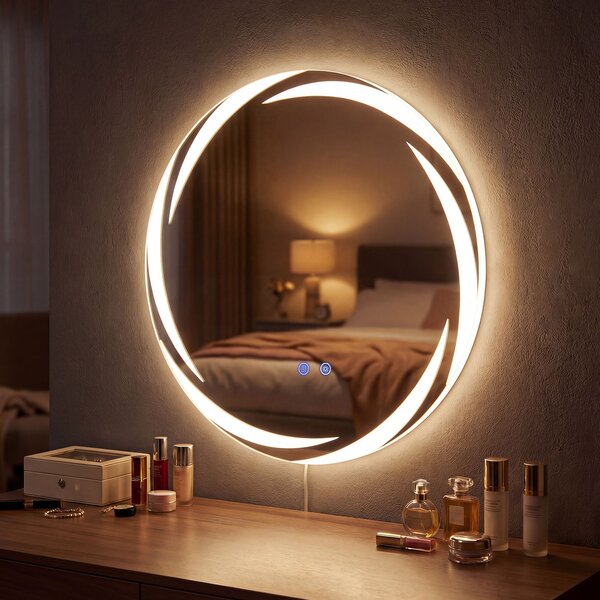Costway Specchio bagno LED rotondo vetro temperato antideflagrante 3 colori anti-appannamento, Specchio toeletta retroilluminato dimmerabile lavabo bagno