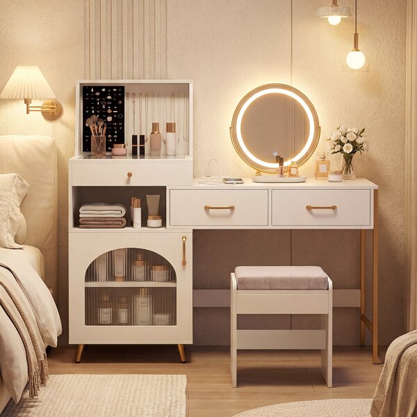 Costway Tavolo trucco specchio luci 3 modalità vetro 3 cassetti, Tavolo trucco 120 slot 10 ganci scomparto armadietto sgabello