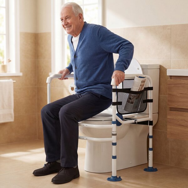 Costway Supporto per wc con braccioli imbottiti portarotolo e tasca, Corrimano di sicurezza per wc in acciaio inox per anziani disabili Bianco