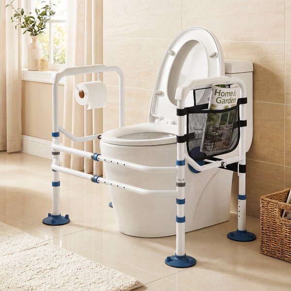Costway Supporto per wc con braccioli imbottiti portarotolo e tasca, Corrimano di sicurezza per wc in acciaio inox per anziani disabili Bianco