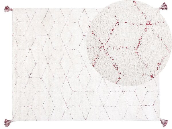 Tappeto orientale moderno con nappe 140 x 200 cm bianco con motivo geometrico rosso Beliani