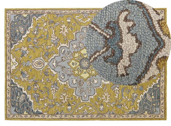 Tappeto in lana gialla e blu motivo foglie 140 x 200 cm stile orientale vintage soggiorno camera da letto Beliani
