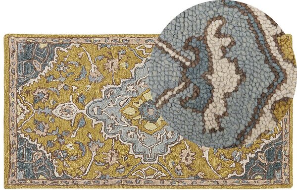 Tappeto in lana gialla e blu motivo foglie 80 x 150 cm stile orientale vintage soggiorno camera da letto Beliani
