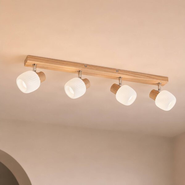 Faretto da soffitto Lindby Darla, a 4 luci, bianco/colore legno Darla Lindby, dimmerabile, Legno chiaro, Corridoio, Legno, Faretto