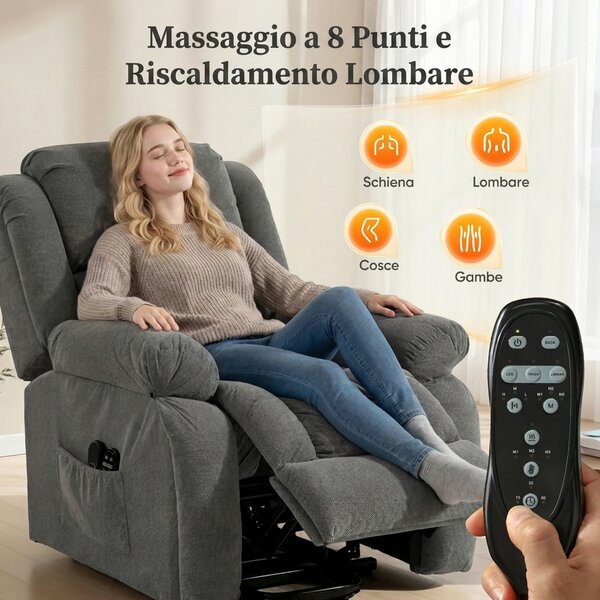 HOMCOM Poltrona Elettrica Alzapersona Reclinabile 150°, Seduta Ampia, Massaggiante, Riscaldata, Velluto, Grigio | Aosom Italy