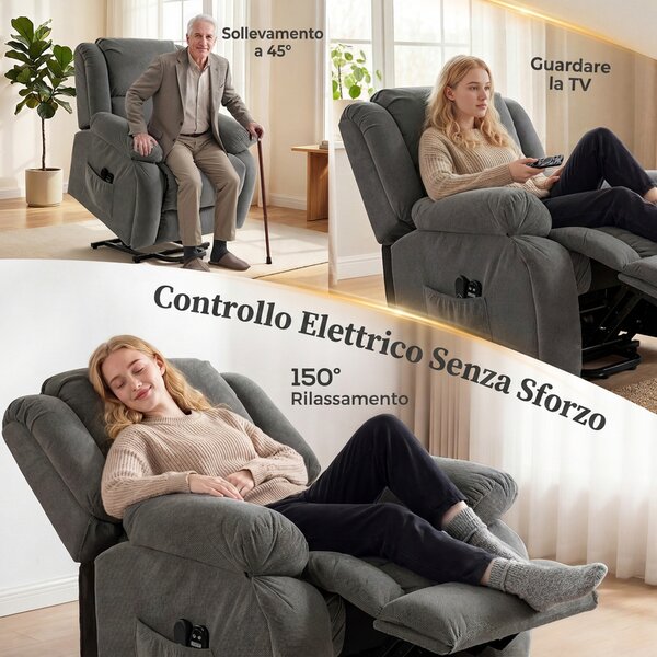 HOMCOM Poltrona Elettrica Alzapersona Reclinabile 150°, Seduta Ampia, Massaggiante, Riscaldata, Velluto, Grigio | Aosom Italy