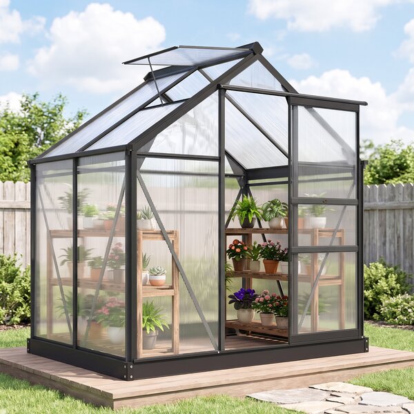 Outsunny Serra da Giardino con Grondaia, Finestra e Porta Scorrevole, in Policarbonato Anti UV, 190x132x201cm, Grigio | Aosom Italy