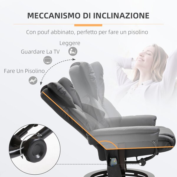 HOMCOM Poltrona Relax con Pouf Poggiapiedi e Funzione Massaggio, Reclinabile a 145° e Girevole a 360°, Nero | Aosom Italy