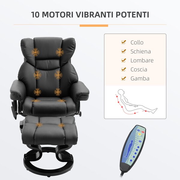 HOMCOM Poltrona Relax con Pouf Poggiapiedi e Funzione Massaggio, Reclinabile a 145° e Girevole a 360°, Nero | Aosom Italy