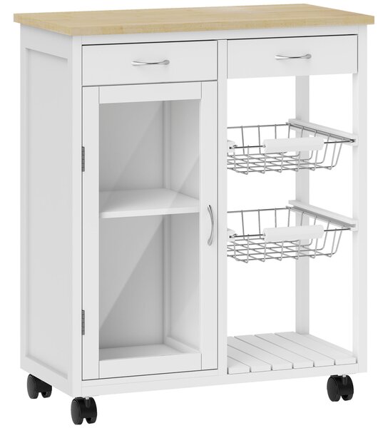 HOMCOM Carrello da Cucina in Bambù con 2 Cassetti, Armadietto, Ripiano e 2 Cestini in Acciaio, 67x35x80 cm, Bianco | Aosom Italy