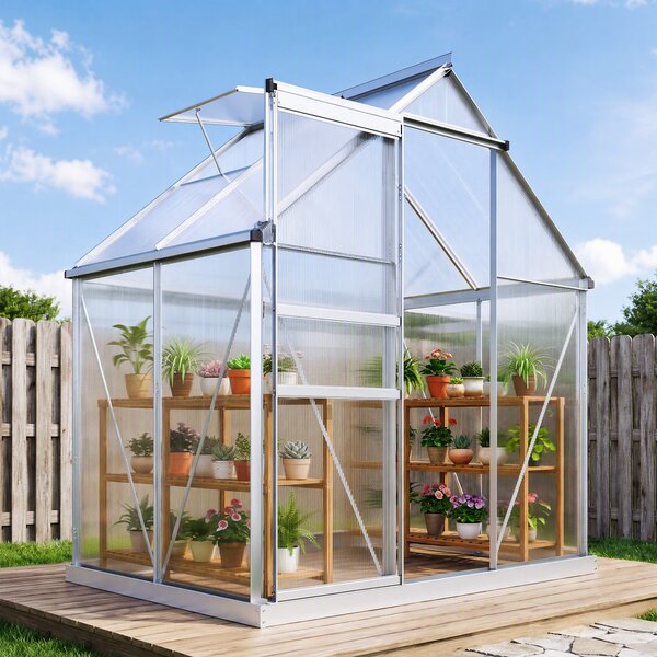 Outsunny Serra in Policarbonato e Alluminio con Porta a Battente e Finestra a Tetto, 192.5x131x200 cm, Argento | Aosom Italy