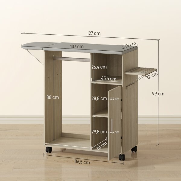 HOMCOM Mobile Asse da Stiro con Piano d'Appoggio Effetto Lino, 3 Ripiani a Cubo e Guida, 127x42.5x99 cm, Multicolore | Aosom Italy
