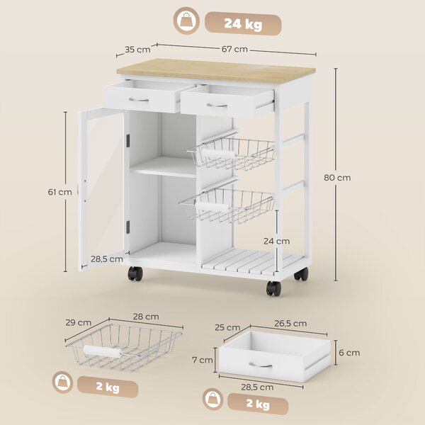 HOMCOM Carrello da Cucina in Bambù con 2 Cassetti, Armadietto, Ripiano e 2 Cestini in Acciaio, 67x35x80 cm, Bianco | Aosom Italy