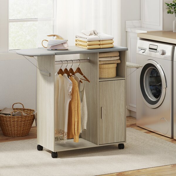 HOMCOM Mobile Asse da Stiro con Piano d'Appoggio Effetto Lino, 3 Ripiani a Cubo e Guida, 127x42.5x99 cm, Multicolore | Aosom Italy