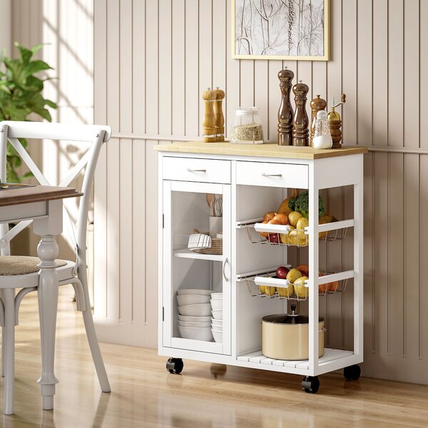 HOMCOM Carrello da Cucina in Bambù con 2 Cassetti, Armadietto, Ripiano e 2 Cestini in Acciaio, 67x35x80 cm, Bianco | Aosom Italy
