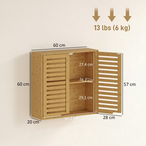 HOMCOM Pensile Bagno con Ripiano Interno Regolabile e Ante a Persiana, in Bambù, 60x20x60 cm, color Legno | Aosom Italy