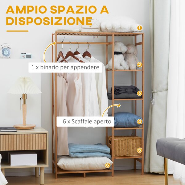 HOMCOM Appendiabiti in Bambù con Scaffale a 6 Livelli e Barra Attaccapanni, 90x30x145 cm, Legno Naturale | Aosom Italy