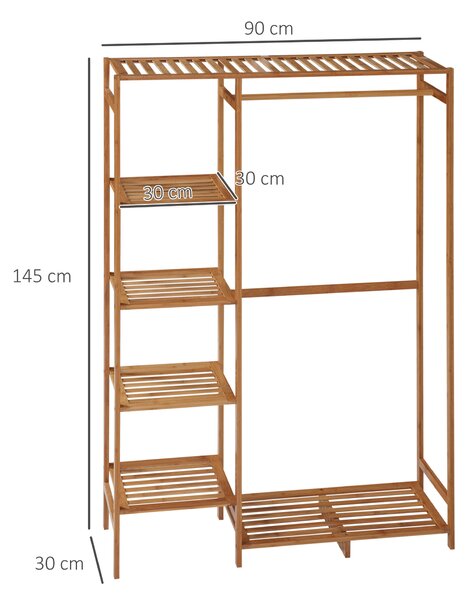 HOMCOM Appendiabiti in Bambù con Scaffale a 6 Livelli e Barra Attaccapanni, 90x30x145 cm, Legno Naturale | Aosom Italy