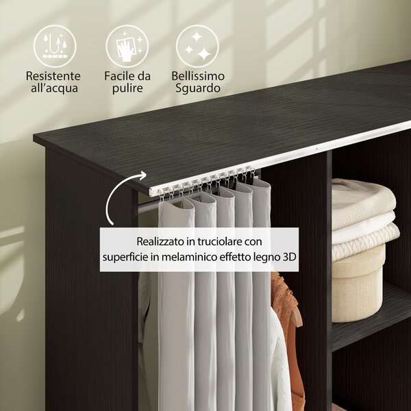 HOMCOM Stand Appendiabiti con 6 Ruote, Appendiabiti da Terra con 3 Ripiani e 2 Aste per Vestiti, Guardaroba Porta Abiti in Legno Tessuto di Lino e Alluminio, per Camera da Letto Soggiorno Corridoio Ingresso, Tenda Grigia e Nero | Aosom Italy