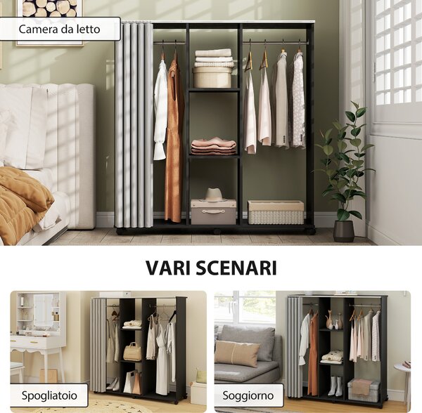 HOMCOM Stand Appendiabiti con 6 Ruote, Appendiabiti da Terra con 3 Ripiani e 2 Aste per Vestiti, Guardaroba Porta Abiti in Legno Tessuto di Lino e Alluminio, per Camera da Letto Soggiorno Corridoio Ingresso, Tenda Grigia e Nero | Aosom Italy