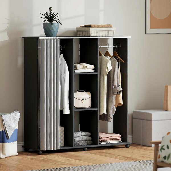HOMCOM Stand Appendiabiti con 6 Ruote, Appendiabiti da Terra con 3 Ripiani e 2 Aste per Vestiti, Guardaroba Porta Abiti in Legno Tessuto di Lino e Alluminio, per Camera da Letto Soggiorno Corridoio Ingresso, Tenda Grigia e Nero | Aosom Italy