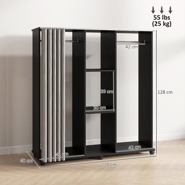 HOMCOM Stand Appendiabiti con 6 Ruote, Appendiabiti da Terra con 3 Ripiani e 2 Aste per Vestiti, Guardaroba Porta Abiti in Legno Tessuto di Lino e Alluminio, per Camera da Letto Soggiorno Corridoio Ingresso, Tenda Grigia e Nero | Aosom Italy