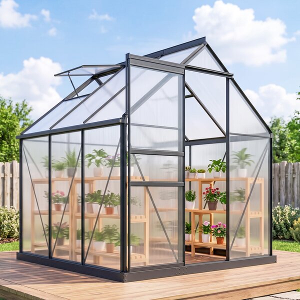 Outsunny Serra in Policarbonato e Alluminio con Porta a Battente e Finestra a Tetto, 3.6㎡, Grigio | Aosom Italy