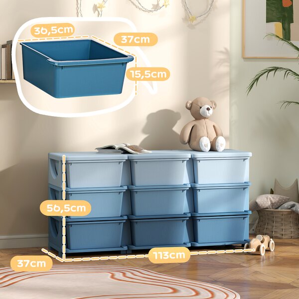 HOMCOM Cassettiera per Bambini 3-6 Anni 9 Cassetti con Bordi Arrotondati, Mobile Cassettiera Moderna in PP, 113x37x56.5 cm, Blu Sfumato | Aosom Italy