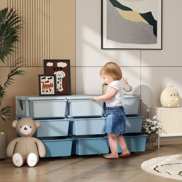 HOMCOM Cassettiera per Bambini 3-6 Anni 9 Cassetti con Bordi Arrotondati, Mobile Cassettiera Moderna in PP, 113x37x56.5 cm, Blu Sfumato | Aosom Italy