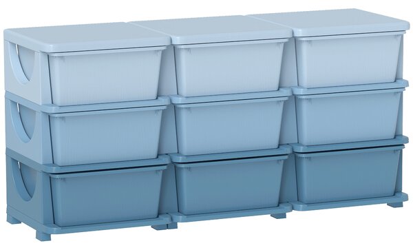 HOMCOM Cassettiera per Bambini 3-6 Anni 9 Cassetti con Bordi Arrotondati, Mobile Cassettiera Moderna in PP, 113x37x56.5 cm, Blu Sfumato | Aosom Italy