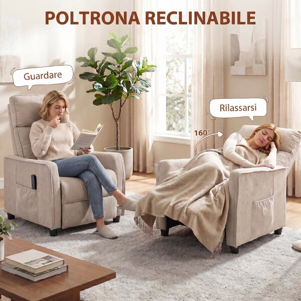 HOMCOM Poltrona Massaggiante Reclinabile Manuale in Tessuto, Effetto Lino, con Telecomando, Crema | Aosom Italy