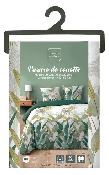 Set copripiumino e federa bianco/verde in cotone per letto matrimoniale ed esteso 240x220 cm Otika – douceur d'intérieur