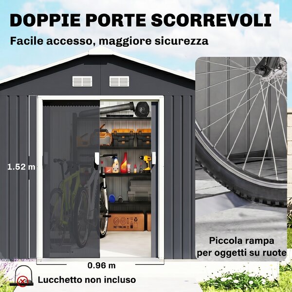 Outsunny Casetta da Giardino con 2 Porte Scorrevoli e 4 Prese d'Aria, in Acciaio e PP, 322x277x192 cm, Grigio | Aosom Italy