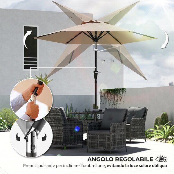 Outsunny Ombrellone da Giardino Inclinabile 2.3x2m con Apertura a Manovella e 6 Stecche, Cachi|Aosom
