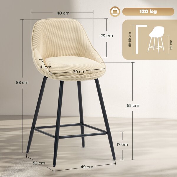 HOMCOM Set 2 Sgabelli Bar Girevoli con Schienale e Braccioli, Rivestimento in Velluto a Coste e Poggiapiedi, Beige | Aosom Italy