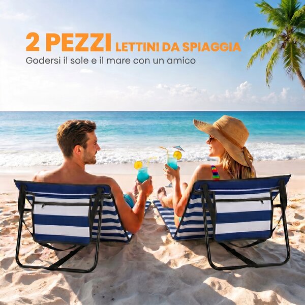 Outsunny Set 2 Sdraio da Spiaggia Pieghevoli e Regolabili con Tasca, in Acciaio e Poliestere, 142x51x40 cm, Multicolore